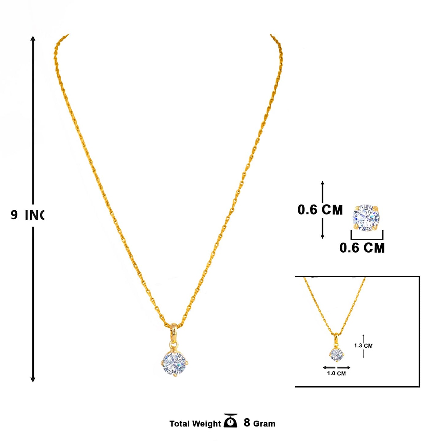 Gold Plated Solitaire Modern Cz American Diamond Pendant Set
