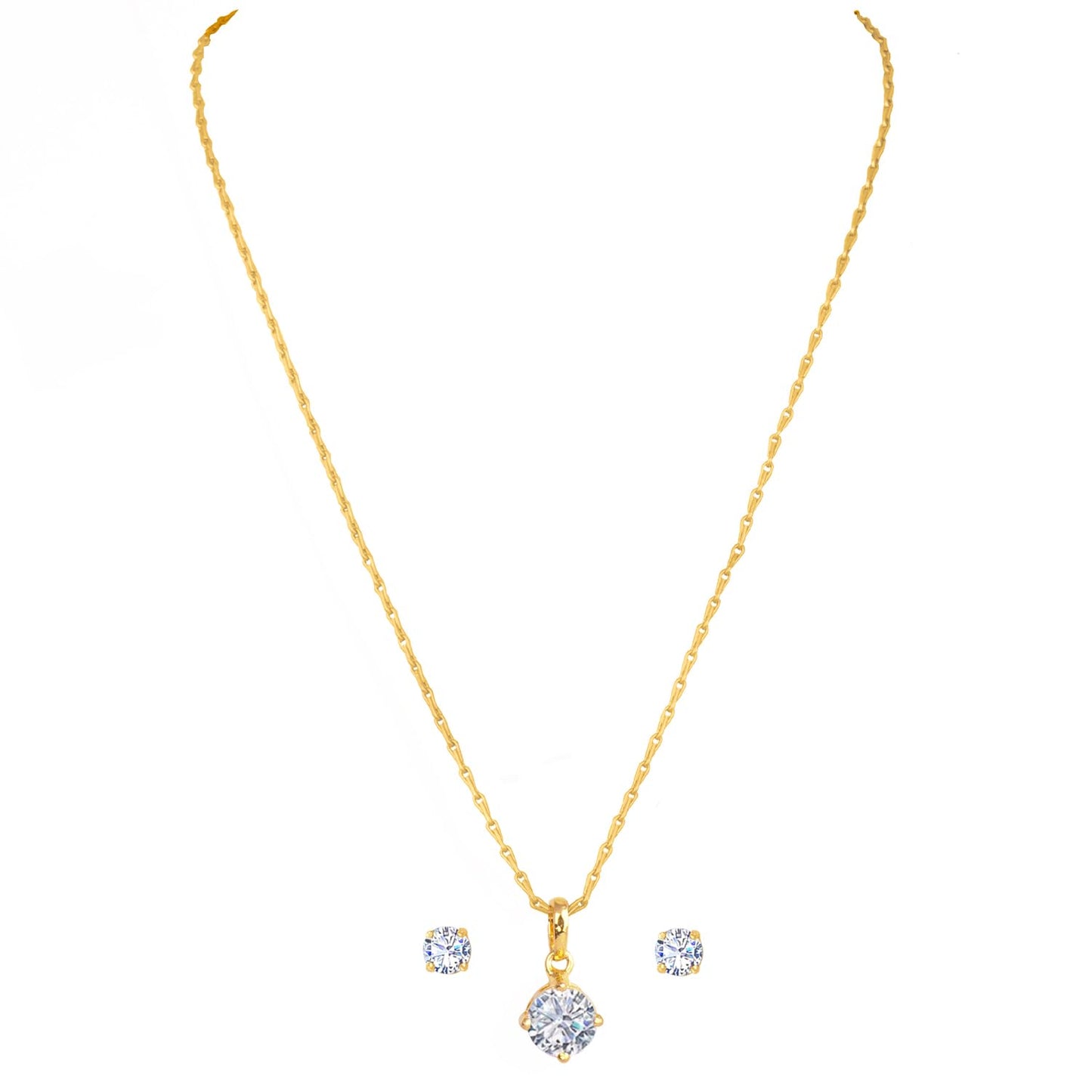 Gold Plated Solitaire Modern Cz American Diamond Pendant Set