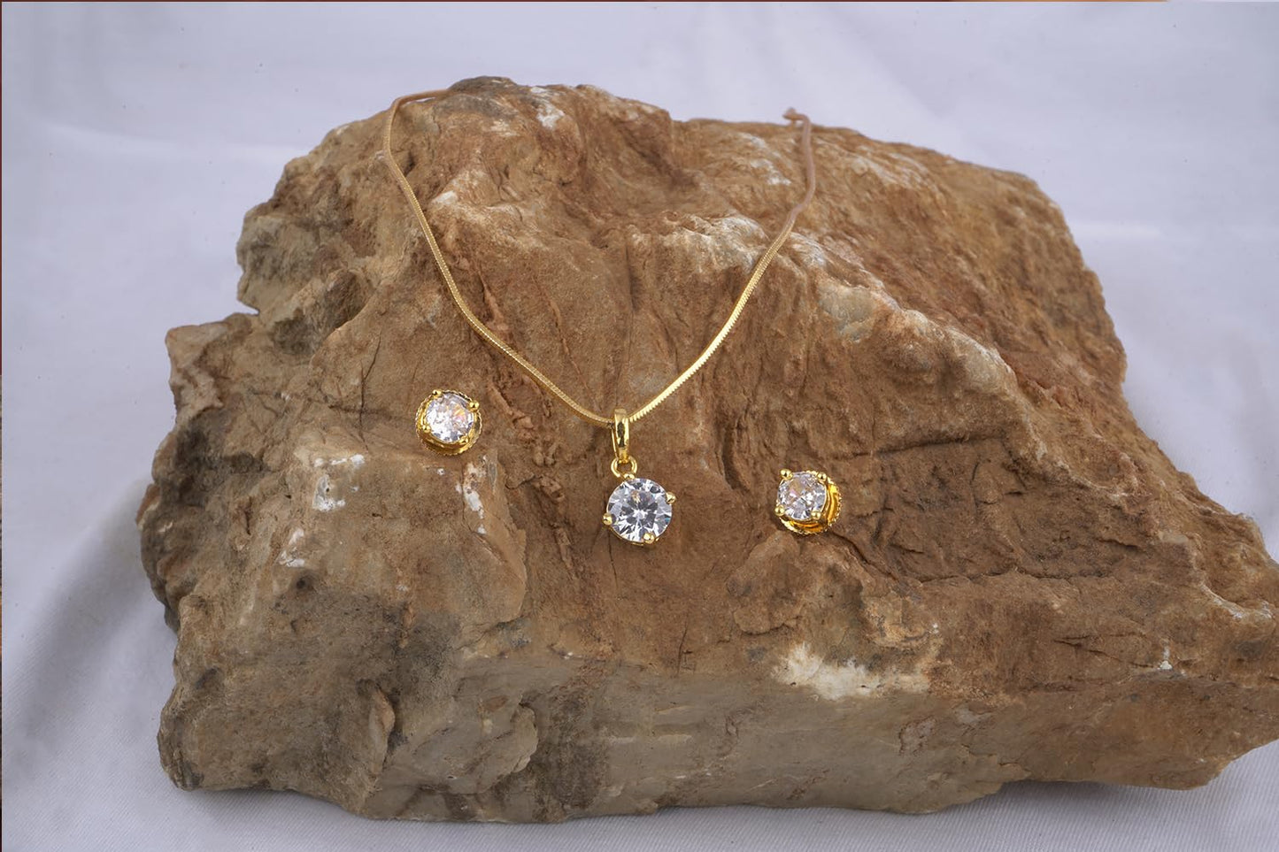 Gold Plated Solitaire Modern Cz American Diamond Pendant Set