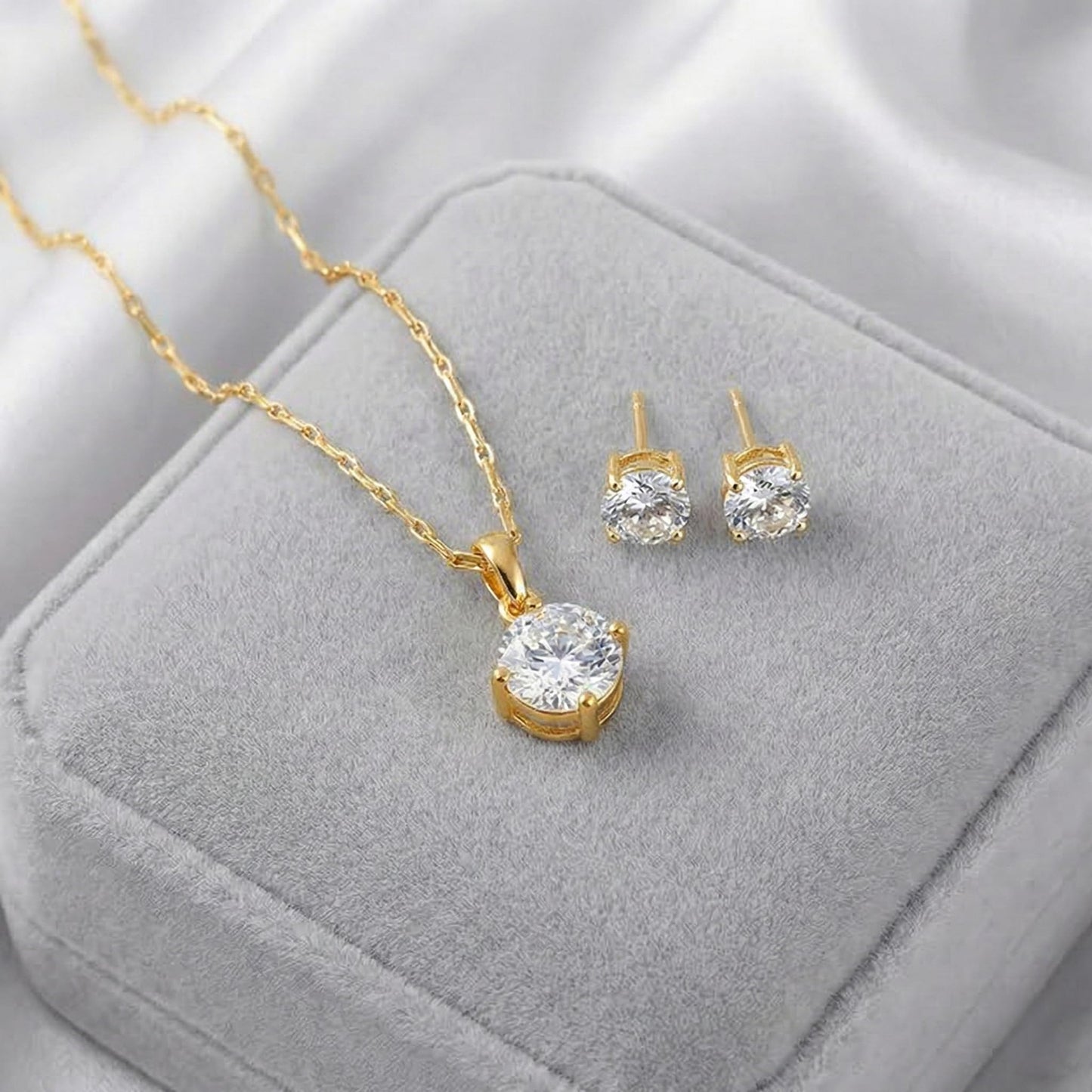 Gold Plated Solitaire Modern Cz American Diamond Pendant Set
