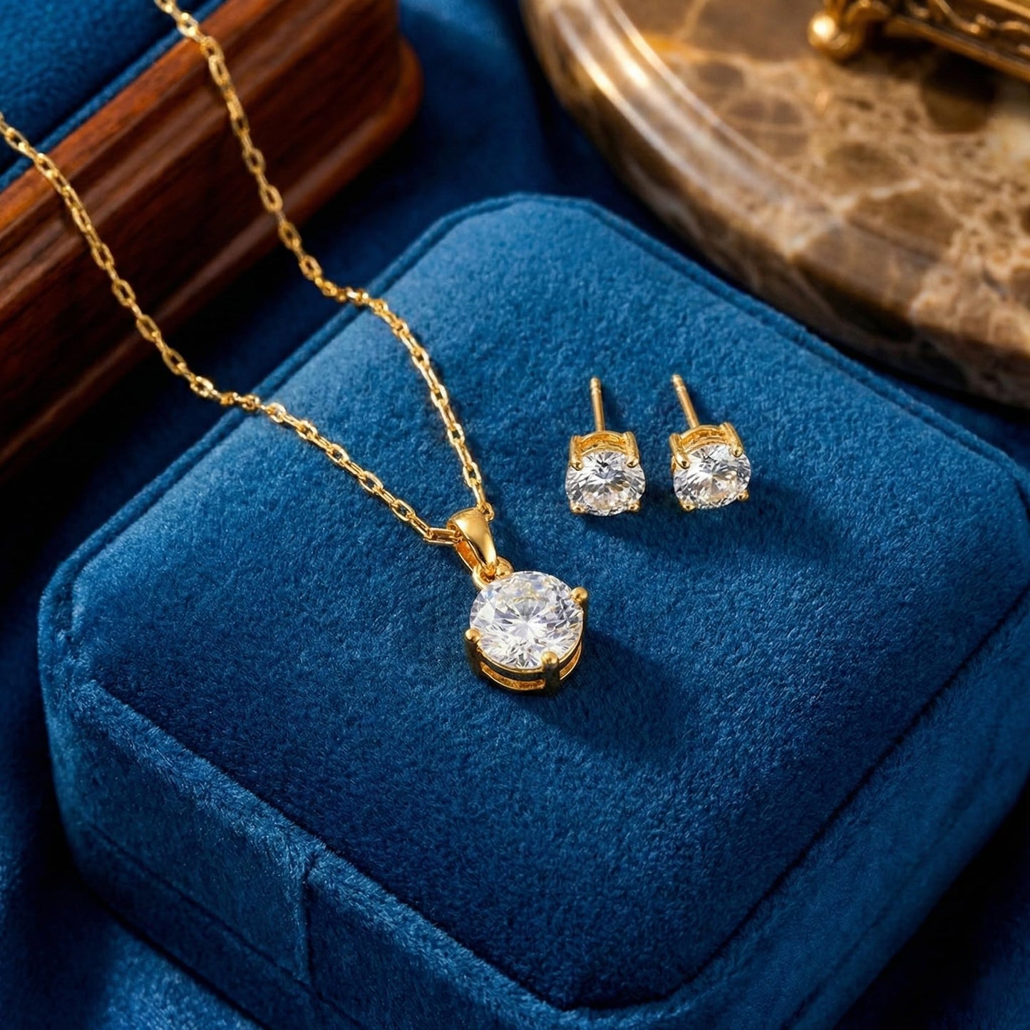 Gold Plated Solitaire Modern Cz American Diamond Pendant Set