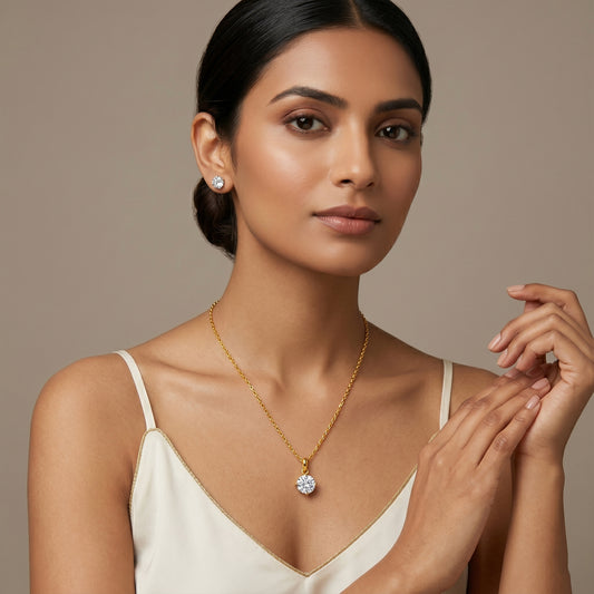 Gold Plated Solitaire Modern Cz American Diamond Pendant Set