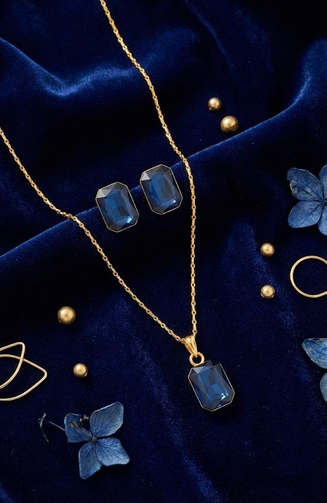 Blue Gold Plated Crystal Pendant With Chain And Earrings Set - Love