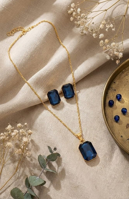 Blue Gold Plated Crystal Pendant With Chain And Earrings Set - Love