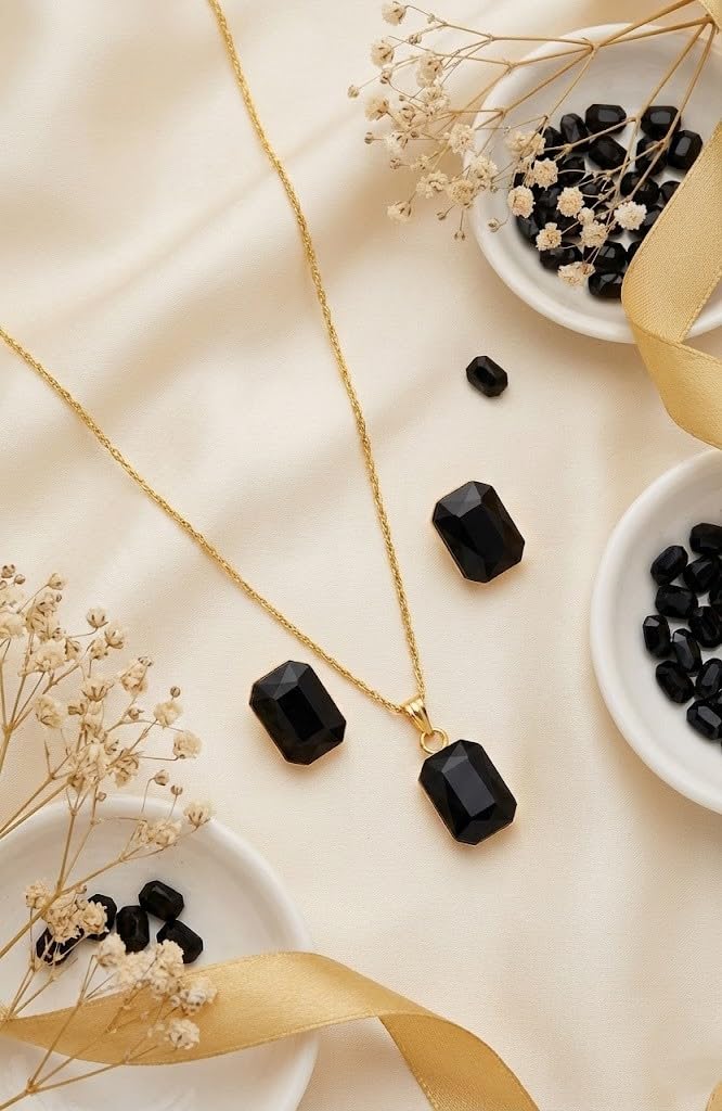 Black Gold Plated Crystal Pendant With Chain And Earrings Set - Love
