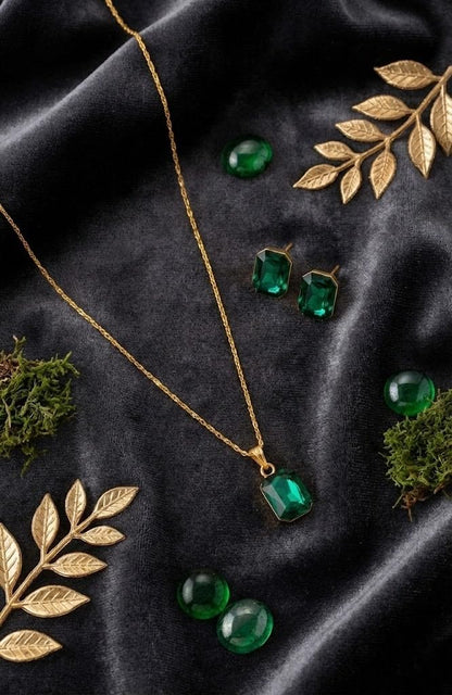 Green Gold Plated Crystal Pendant With Chain And Earrings Set - Love