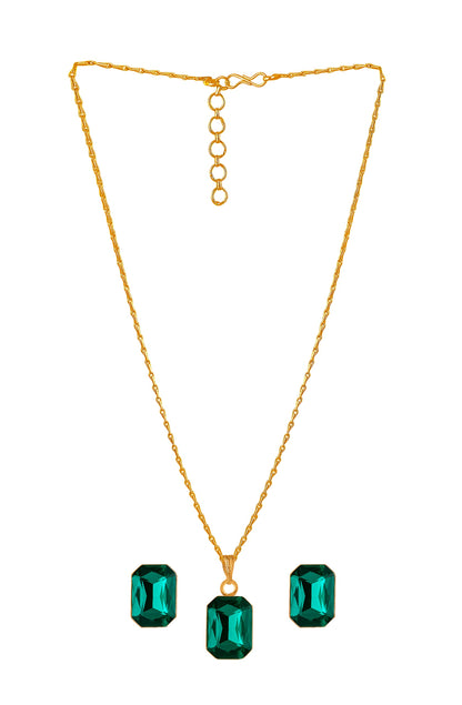 Green Gold Plated Crystal Pendant With Chain And Earrings Set - Love