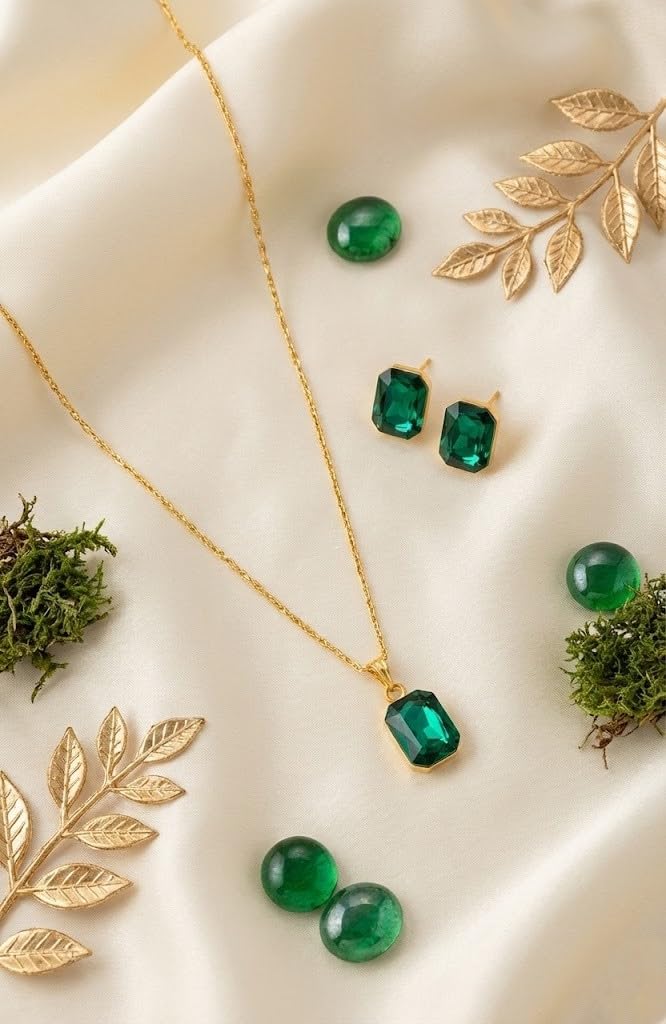 Green Gold Plated Crystal Pendant With Chain And Earrings Set - Love