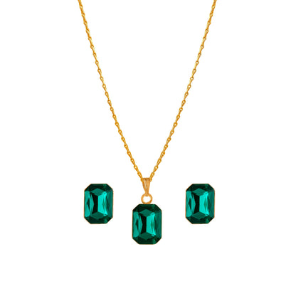 Green Gold Plated Crystal Pendant With Chain And Earrings Set - Love