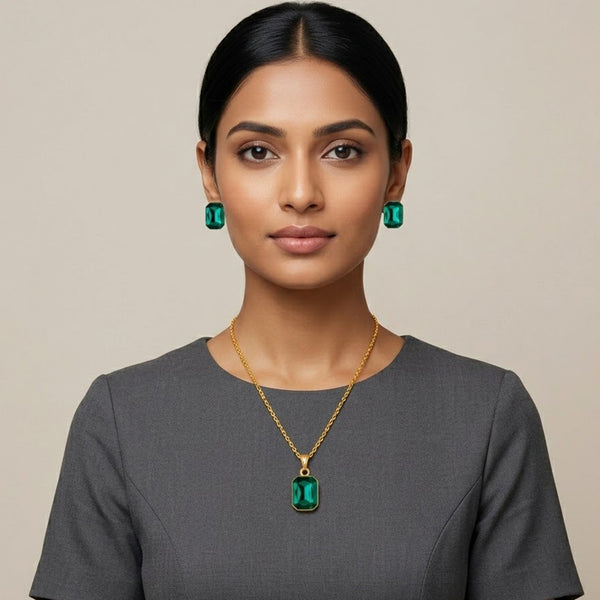 Green Gold Plated Crystal Pendant With Chain And Earrings Set - Love