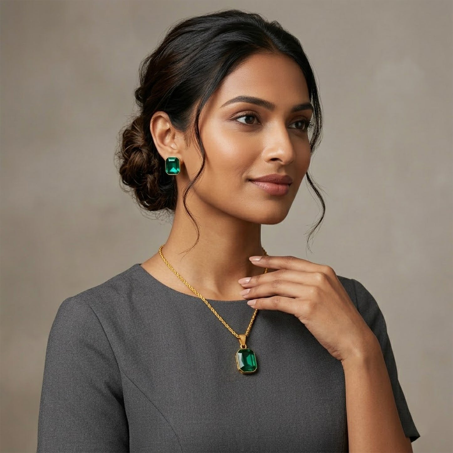 Green Gold Plated Crystal Pendant With Chain And Earrings Set - Love