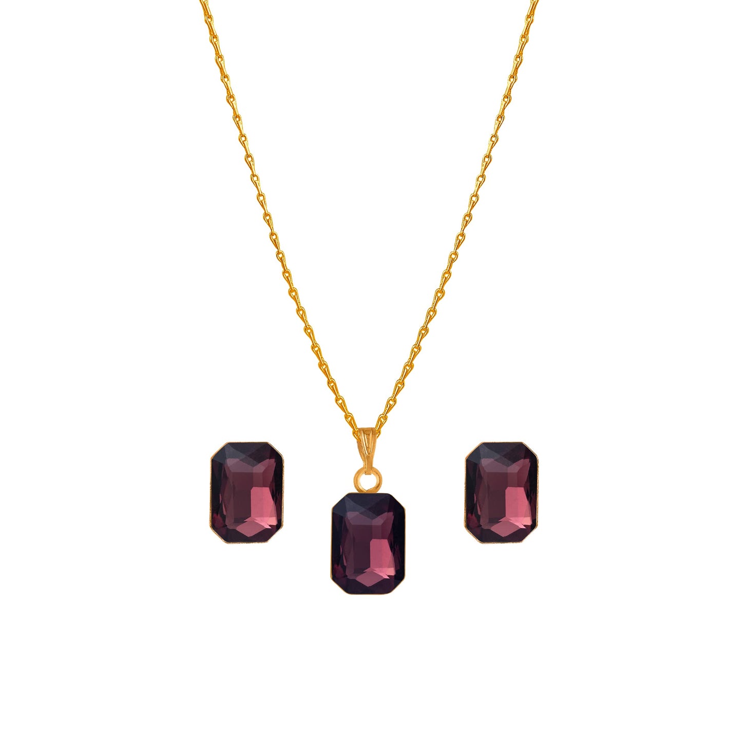 Gold-Plated Purple Crystal Pendant With Chain And Earrings Set - Love