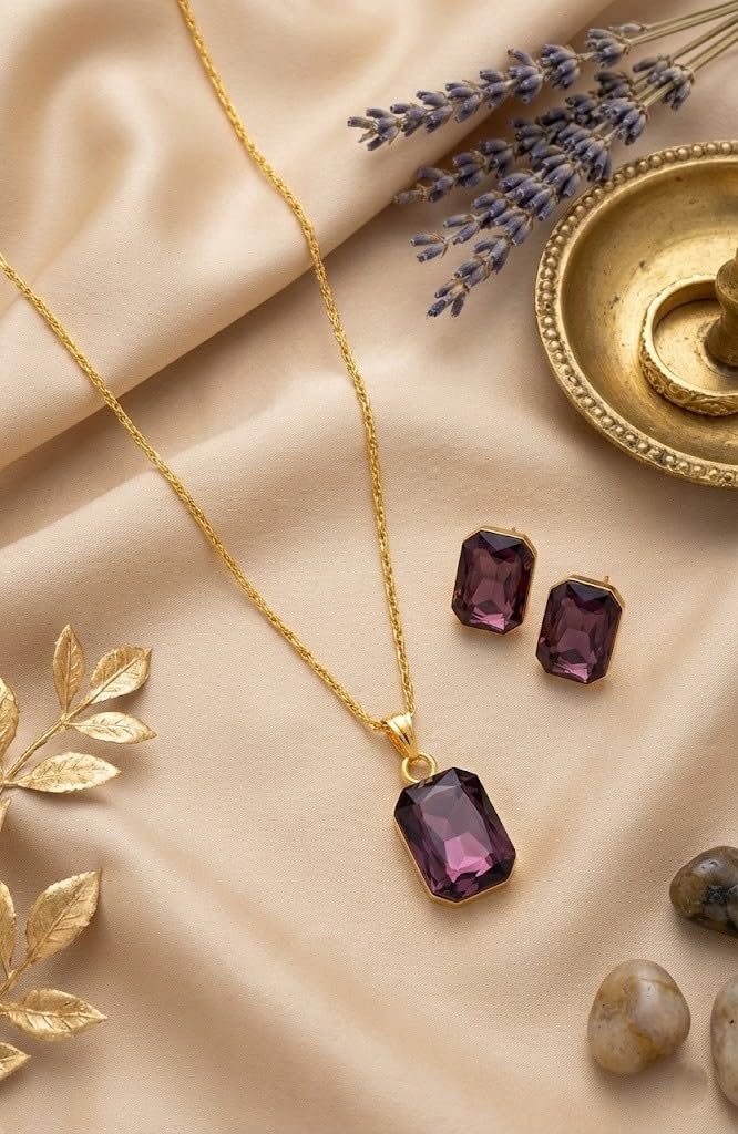Gold-Plated Purple Crystal Pendant With Chain And Earrings Set - Love
