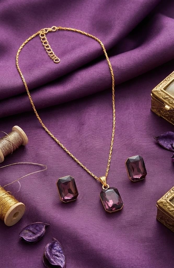 Gold-Plated Purple Crystal Pendant With Chain And Earrings Set - Love