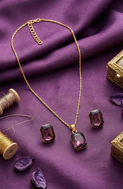 Gold-Plated Purple Crystal Pendant With Chain And Earrings Set - Love