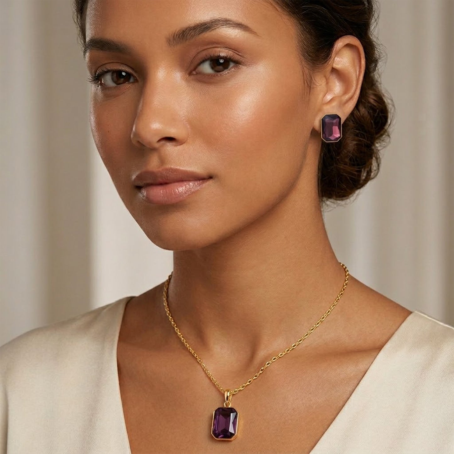 Gold-Plated Purple Crystal Pendant With Chain And Earrings Set - Love