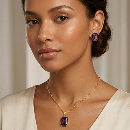 Gold-Plated Purple Crystal Pendant With Chain And Earrings Set - Love