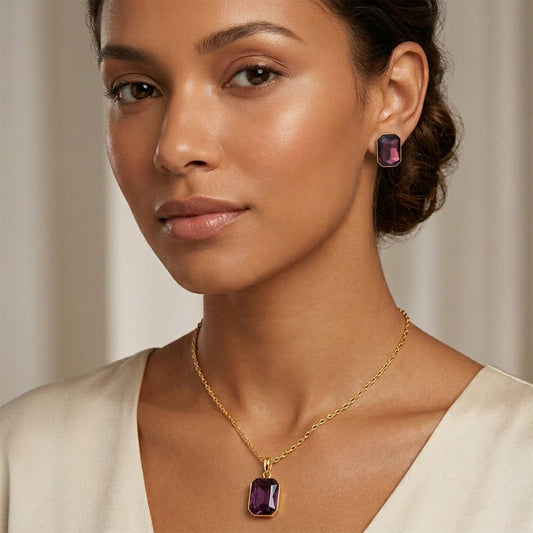 Gold-Plated Purple Crystal Pendant With Chain And Earrings Set - Love