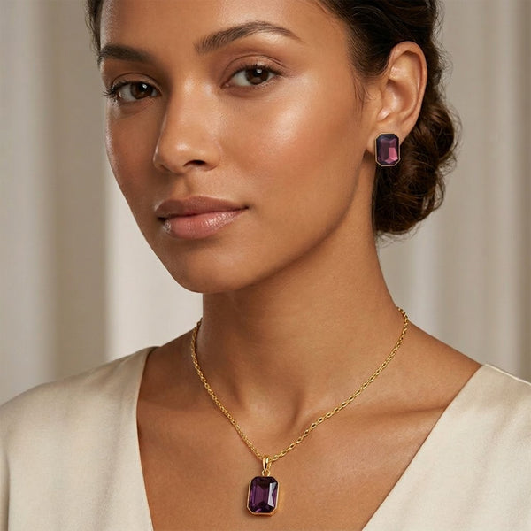 Gold-Plated Purple Crystal Pendant With Chain And Earrings Set - Love