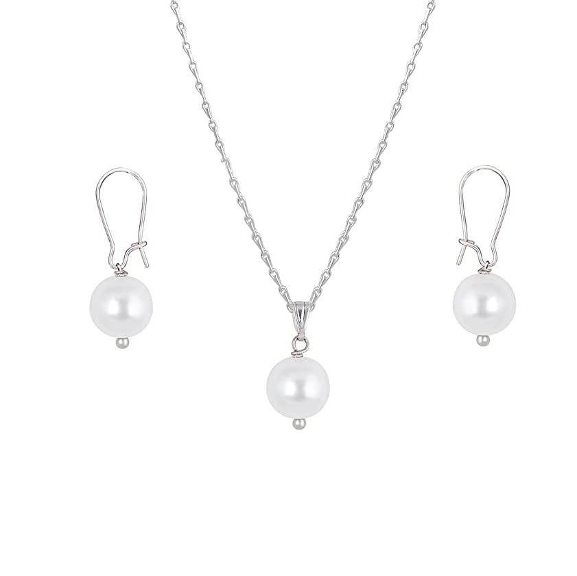 Classic Trendy Silver Plated Japanese Pearl Pendant Set With Drop Earrings And Chain .