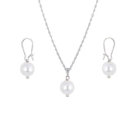 Classic Trendy Silver Plated Japanese Pearl Pendant Set With Drop Earrings And Chain .
