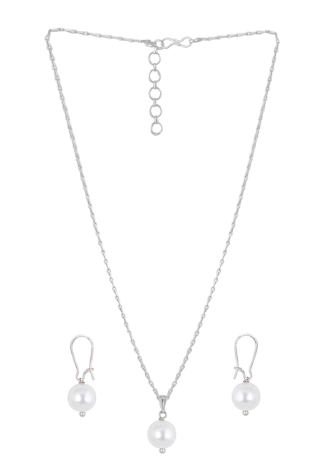 Classic Trendy Silver Plated Japanese Pearl Pendant Set With Drop Earrings And Chain .