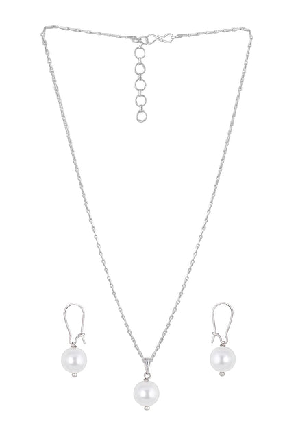 Classic Trendy Silver Plated Japanese Pearl Pendant Set With Drop Earrings And Chain .