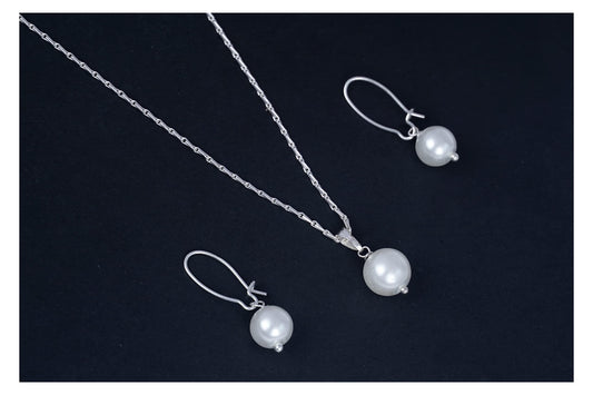 Classic Trendy Silver Plated Japanese Pearl Pendant Set With Drop Earrings And Chain .