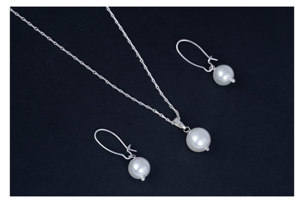 Classic Trendy Silver Plated Japanese Pearl Pendant Set With Drop Earrings And Chain .