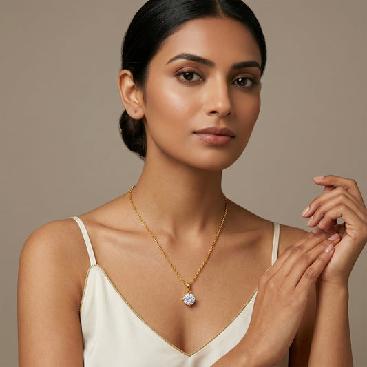 Gold Plated Solitaire Modern Cz American Diamond Pendant With Chain