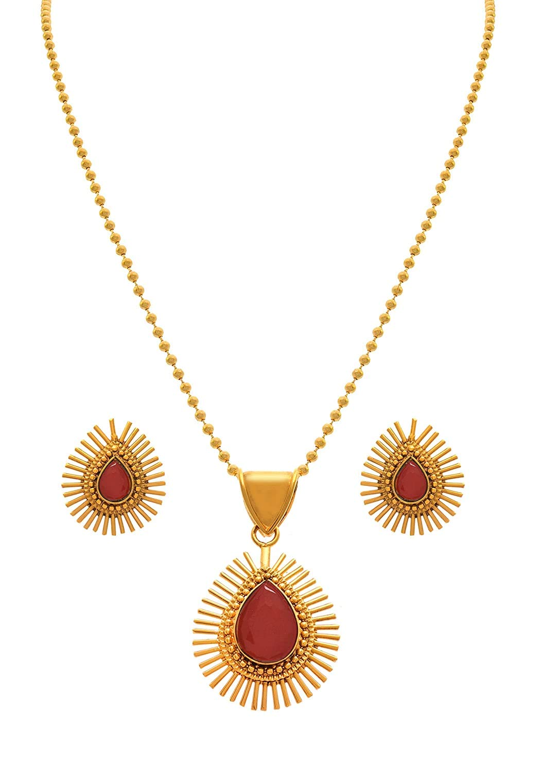 & Fancy Glossy Stone Drop Shaped Spiked Pendant Set For All Occasion (Red)