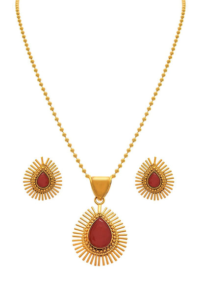 & Fancy Glossy Stone Drop Shaped Spiked Pendant Set For All Occasion (Red)