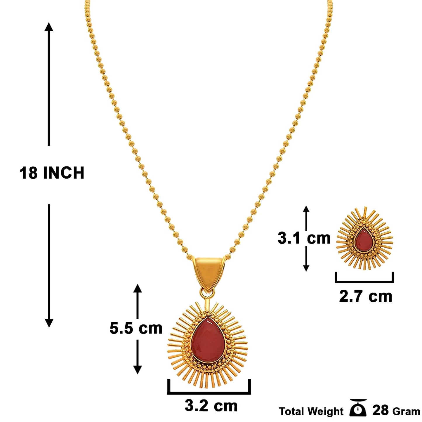& Fancy Glossy Stone Drop Shaped Spiked Pendant Set For All Occasion (Red)