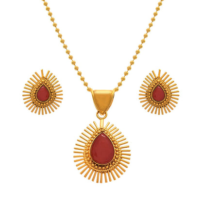 & Fancy Glossy Stone Drop Shaped Spiked Pendant Set For All Occasion (Red)