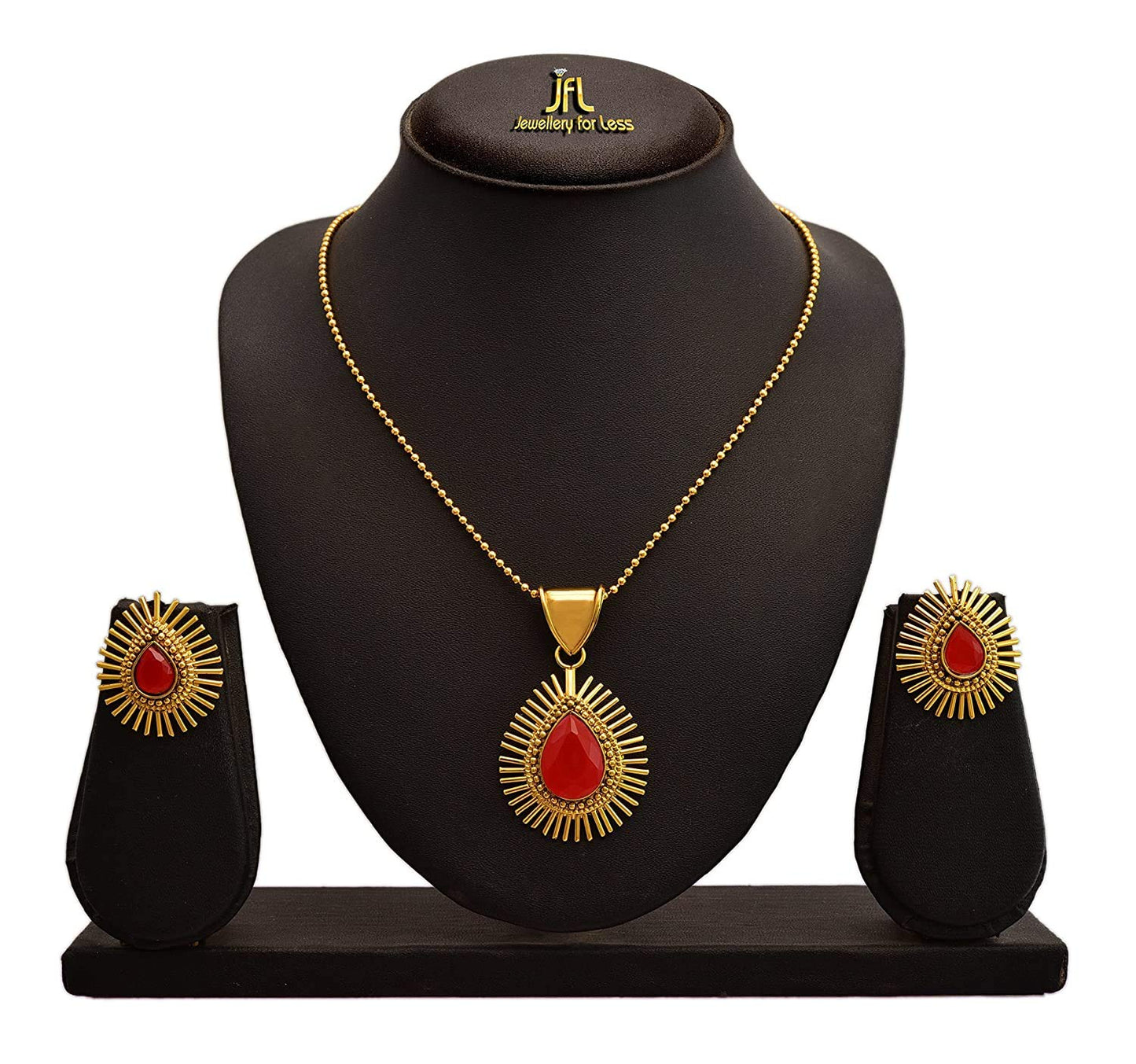 & Fancy Glossy Stone Drop Shaped Spiked Pendant Set For All Occasion (Red)