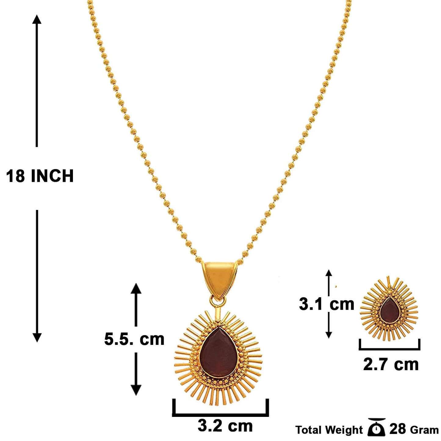 & Fancy Glossy Stone Drop Shaped Spiked Pendant Set For All Occasion (Maroon)