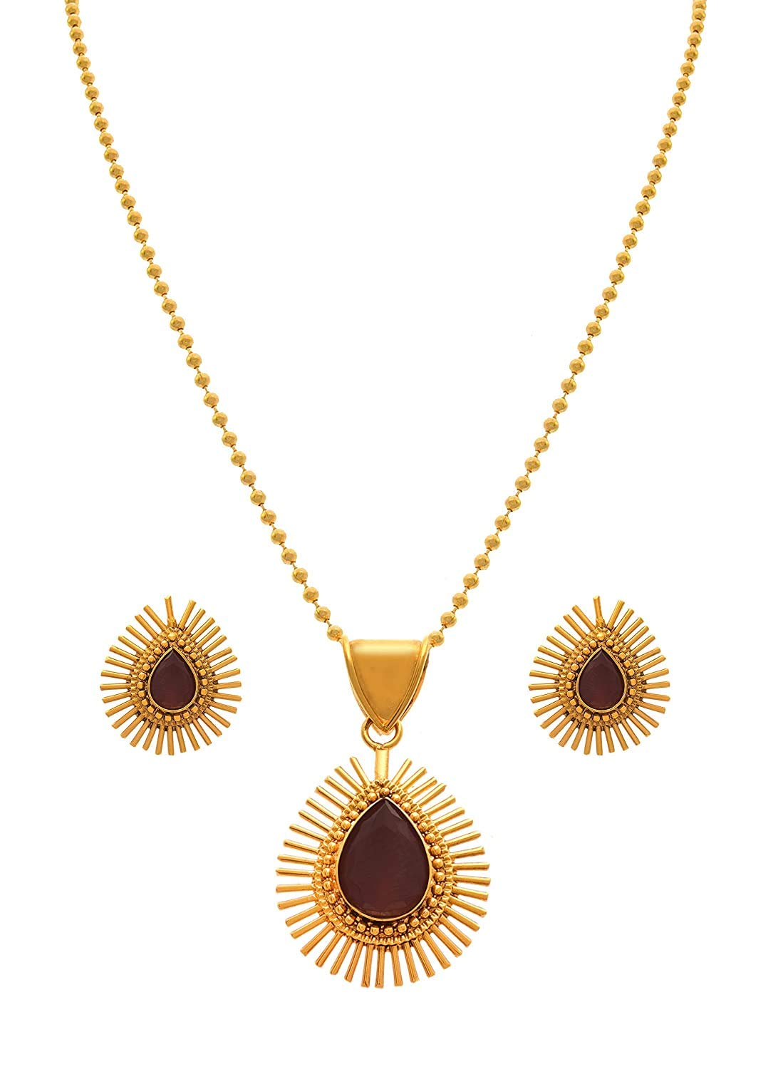 & Fancy Glossy Stone Drop Shaped Spiked Pendant Set For All Occasion (Maroon)