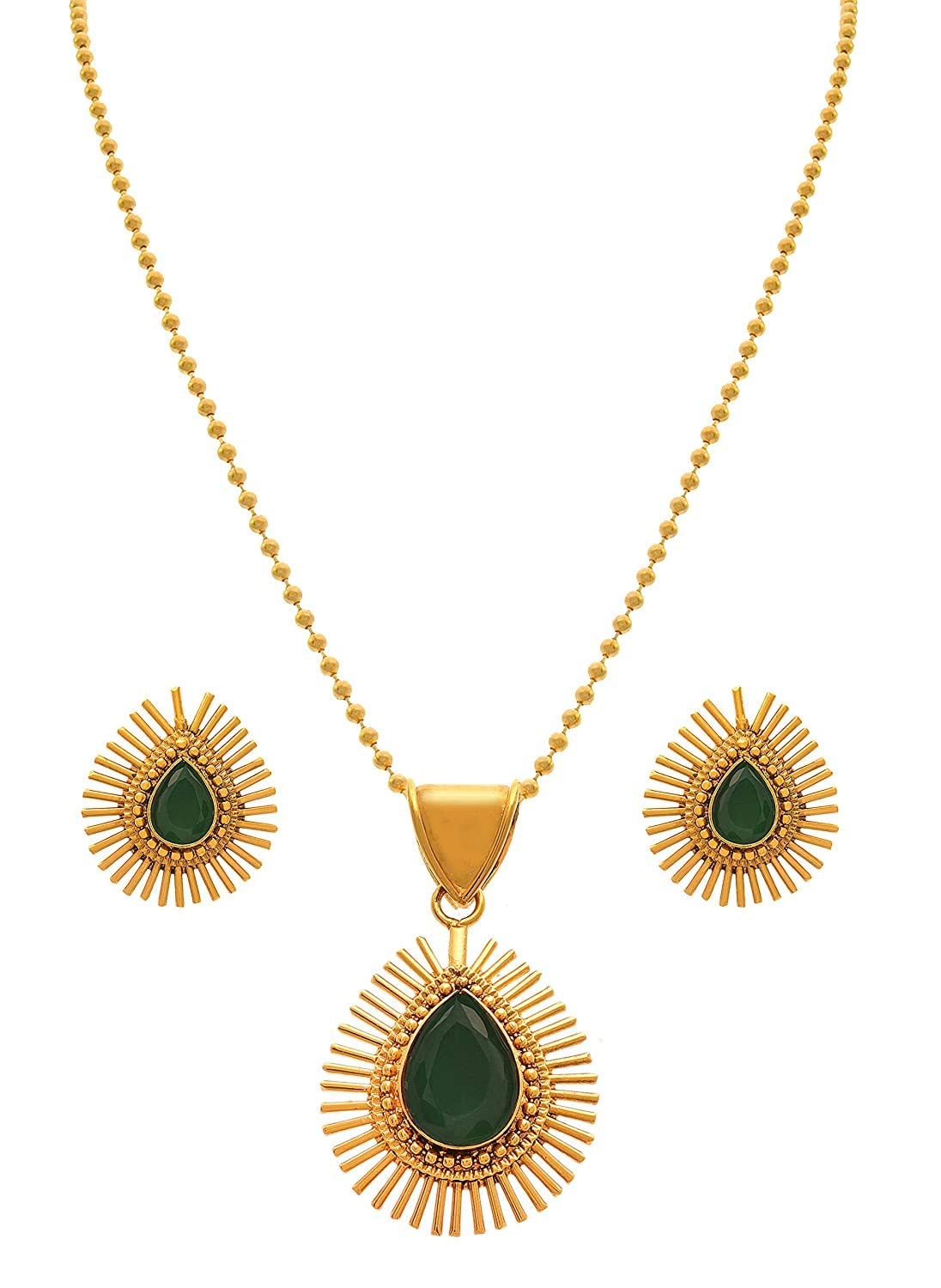 & Fancy Glossy Stone Drop Shaped Spiked Pendant Set For All Occasion (Green)