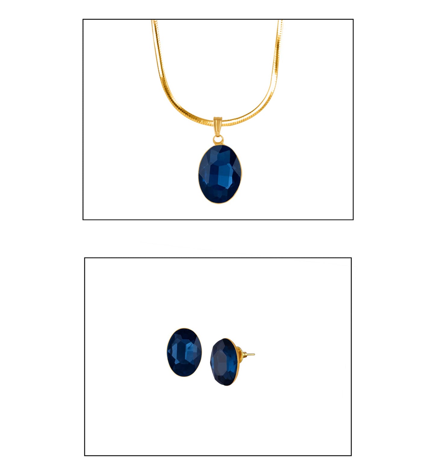Gold Plated Oval Shape Crystal Pendant Set (Navy Blue) - Love