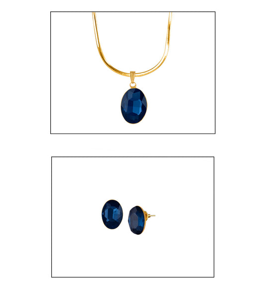 Gold Plated Oval Shape Crystal Pendant Set (Navy Blue) - Love