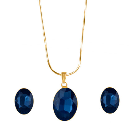 Gold Plated Oval Shape Crystal Pendant Set (Navy Blue) - Love