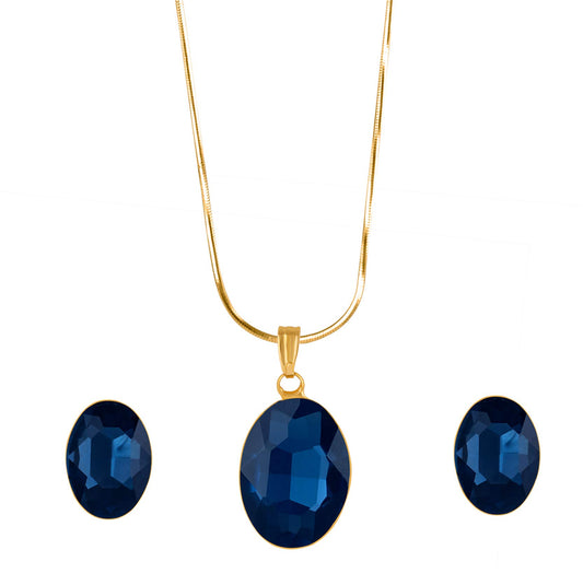 Gold Plated Oval Shape Crystal Pendant Set (Navy Blue) - Love