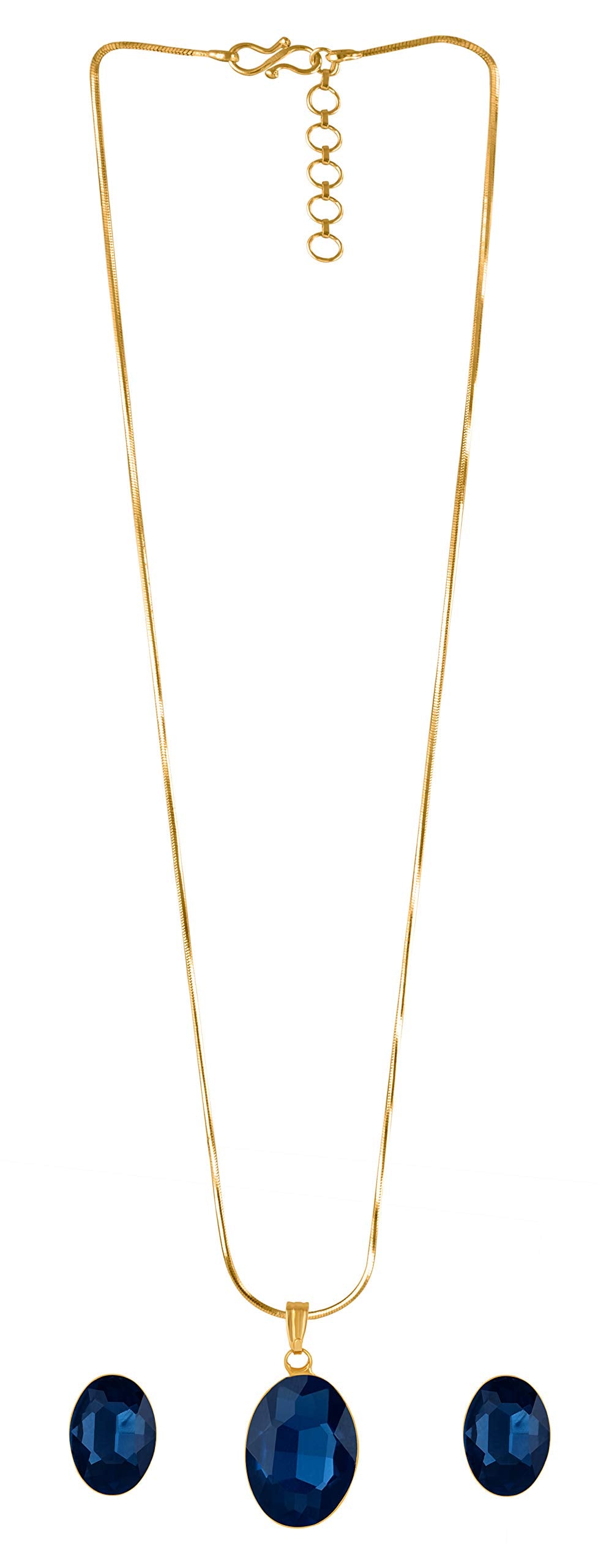 Gold Plated Oval Shape Crystal Pendant Set (Navy Blue) - Love