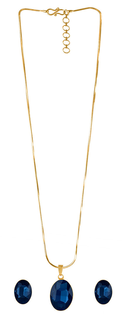 Gold Plated Oval Shape Crystal Pendant Set (Navy Blue) - Love
