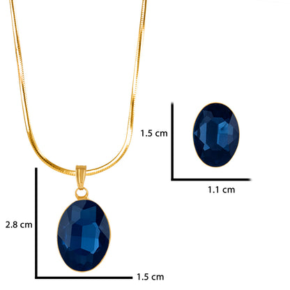 Gold Plated Oval Shape Crystal Pendant Set (Navy Blue) - Love