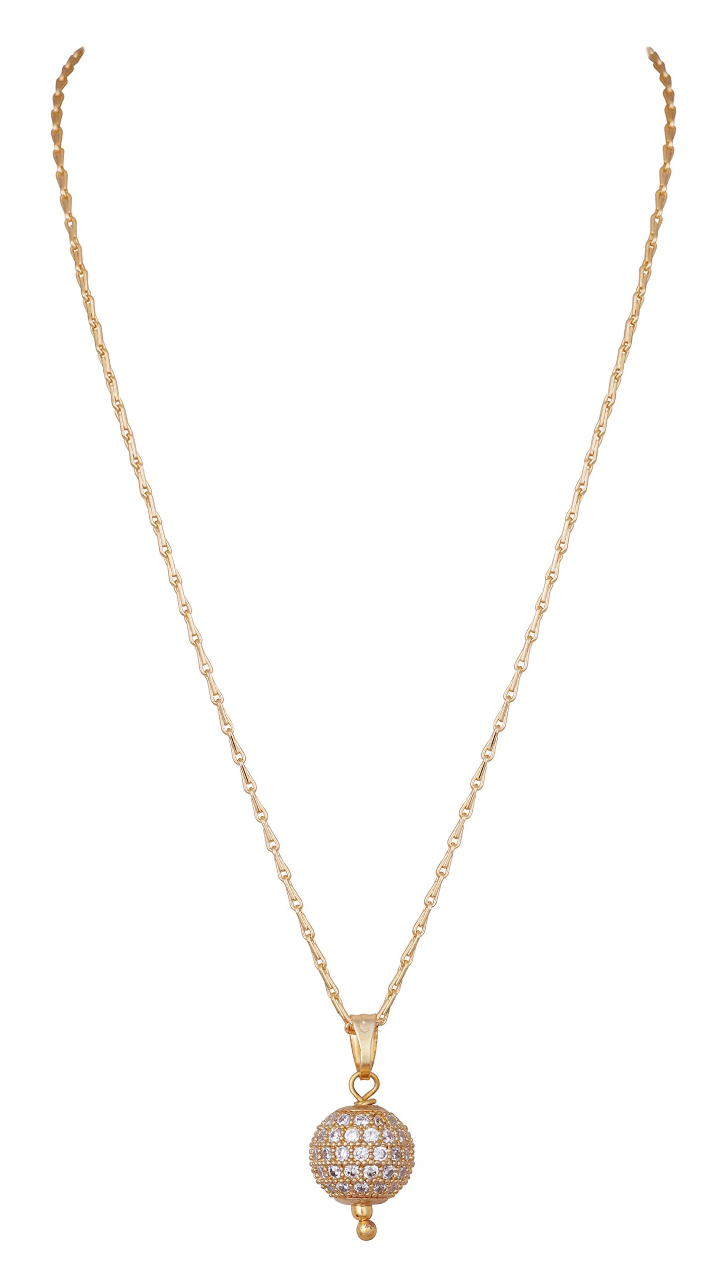 Gold Plated American Diamond Studded Single Ball Pendant With Chain .