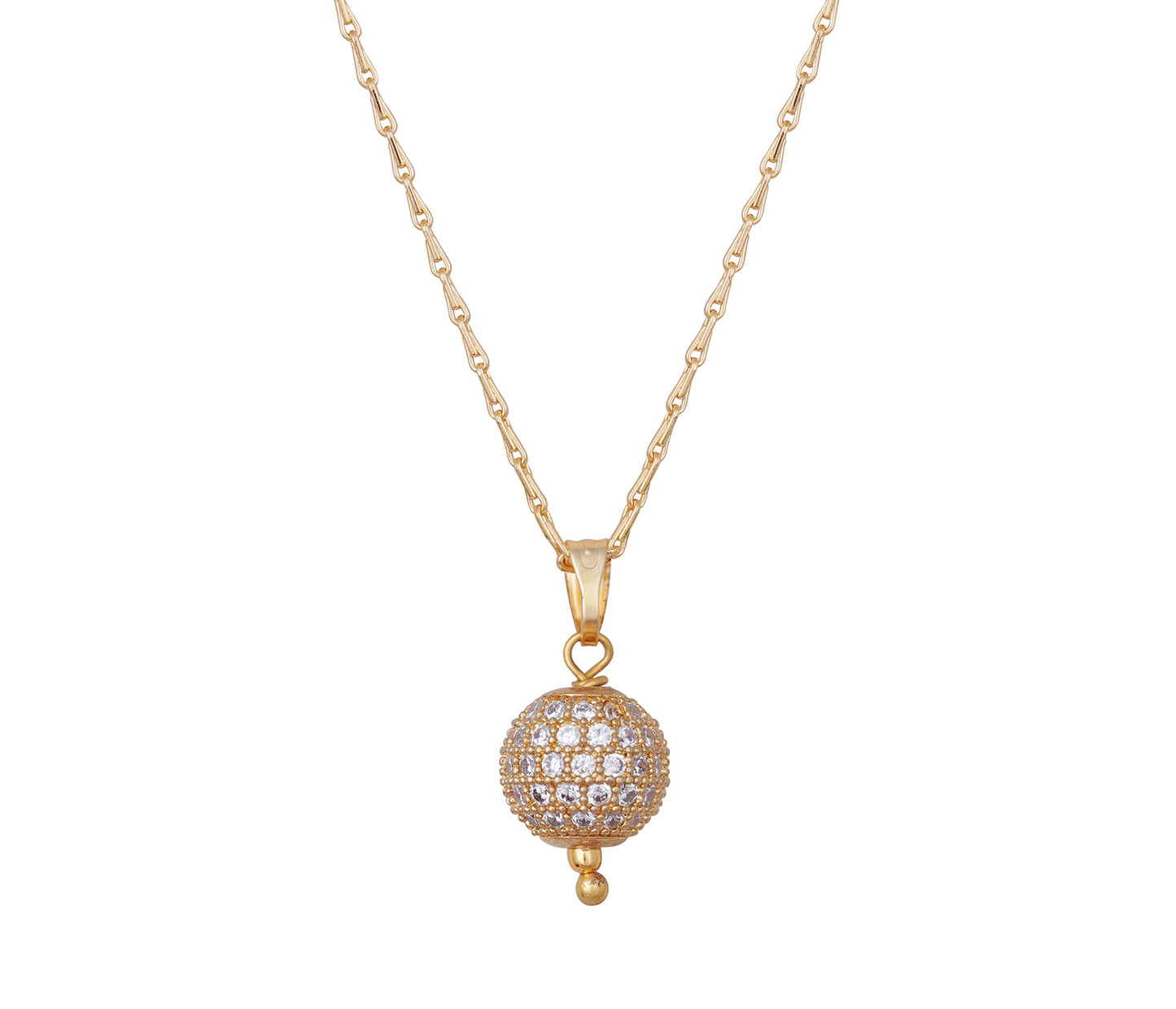 Gold Plated American Diamond Studded Single Ball Pendant With Chain .