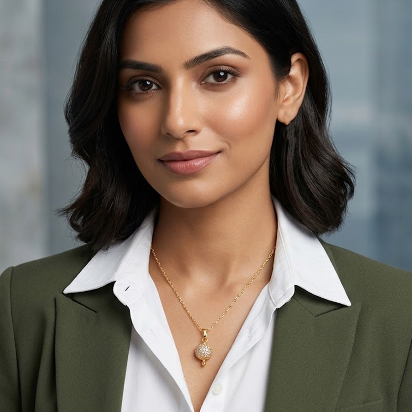 Gold Plated American Diamond Studded Single Ball Pendant With Chain .