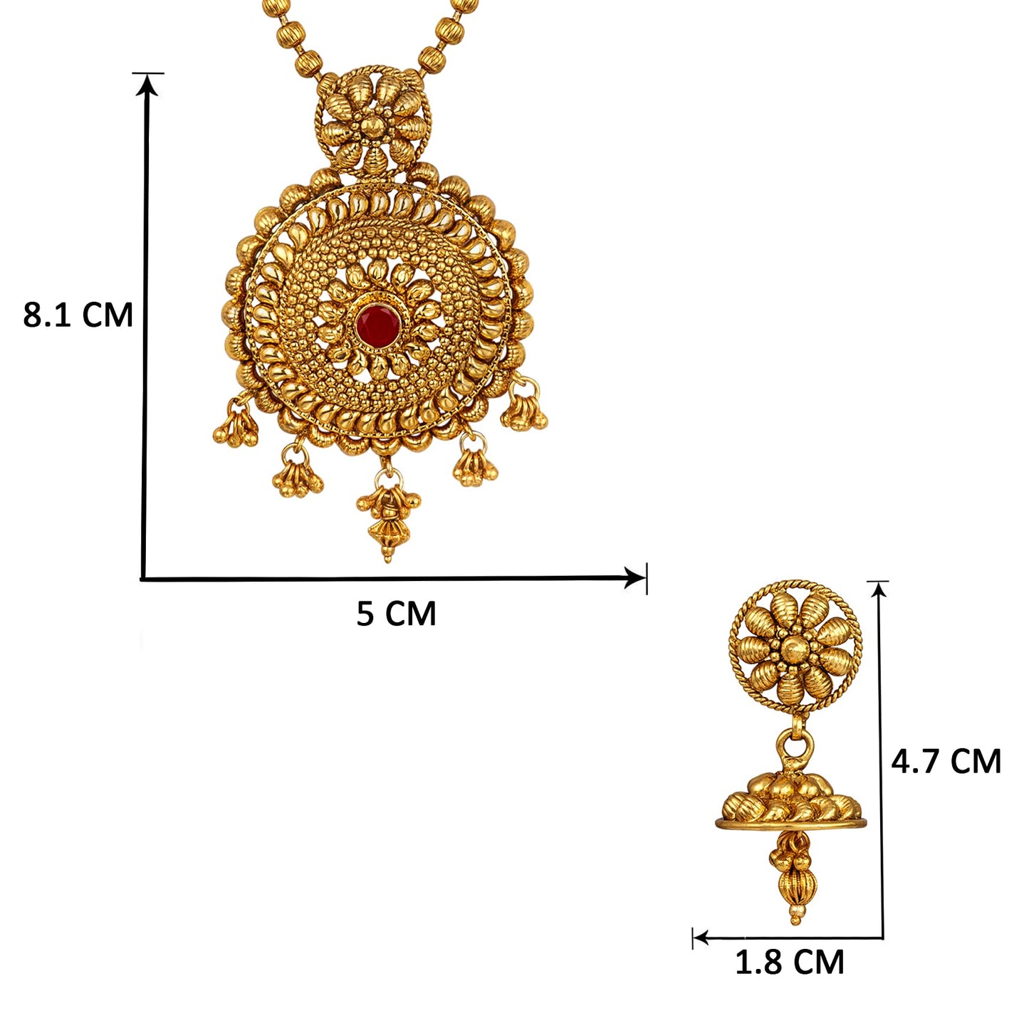 Gold Plated Floral Design Pendant With Chain And Jhumka Earring Set (Red)