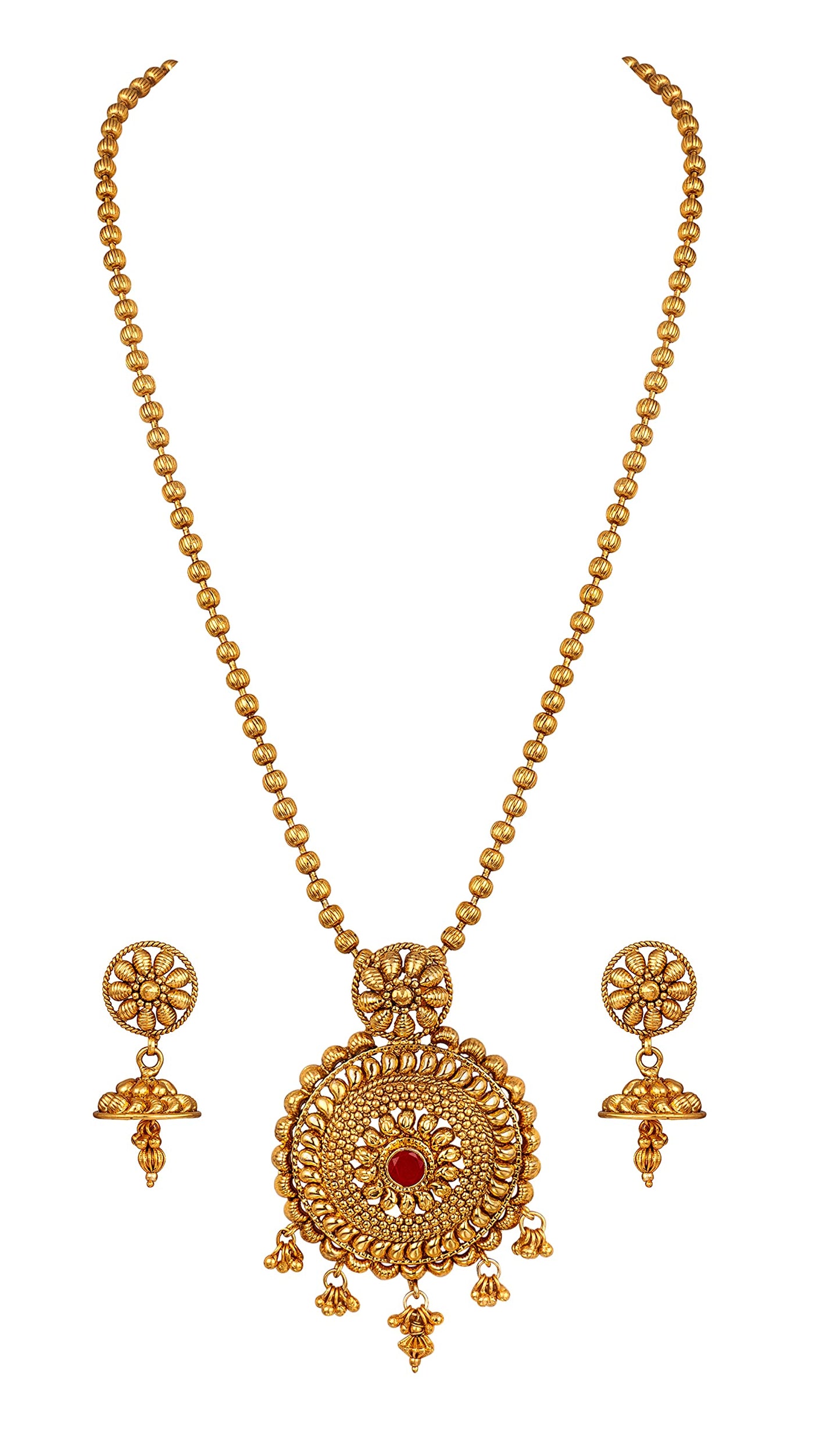 Gold Plated Floral Design Pendant With Chain And Jhumka Earring Set (Red)